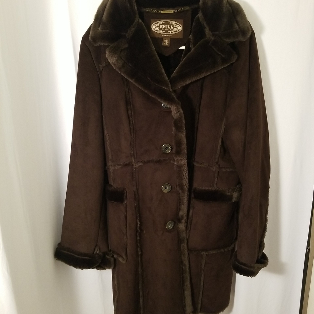 Chill Couture Womens Coat Brown Faux Suede Buttons Pockets Faux Fur Lined Size L
